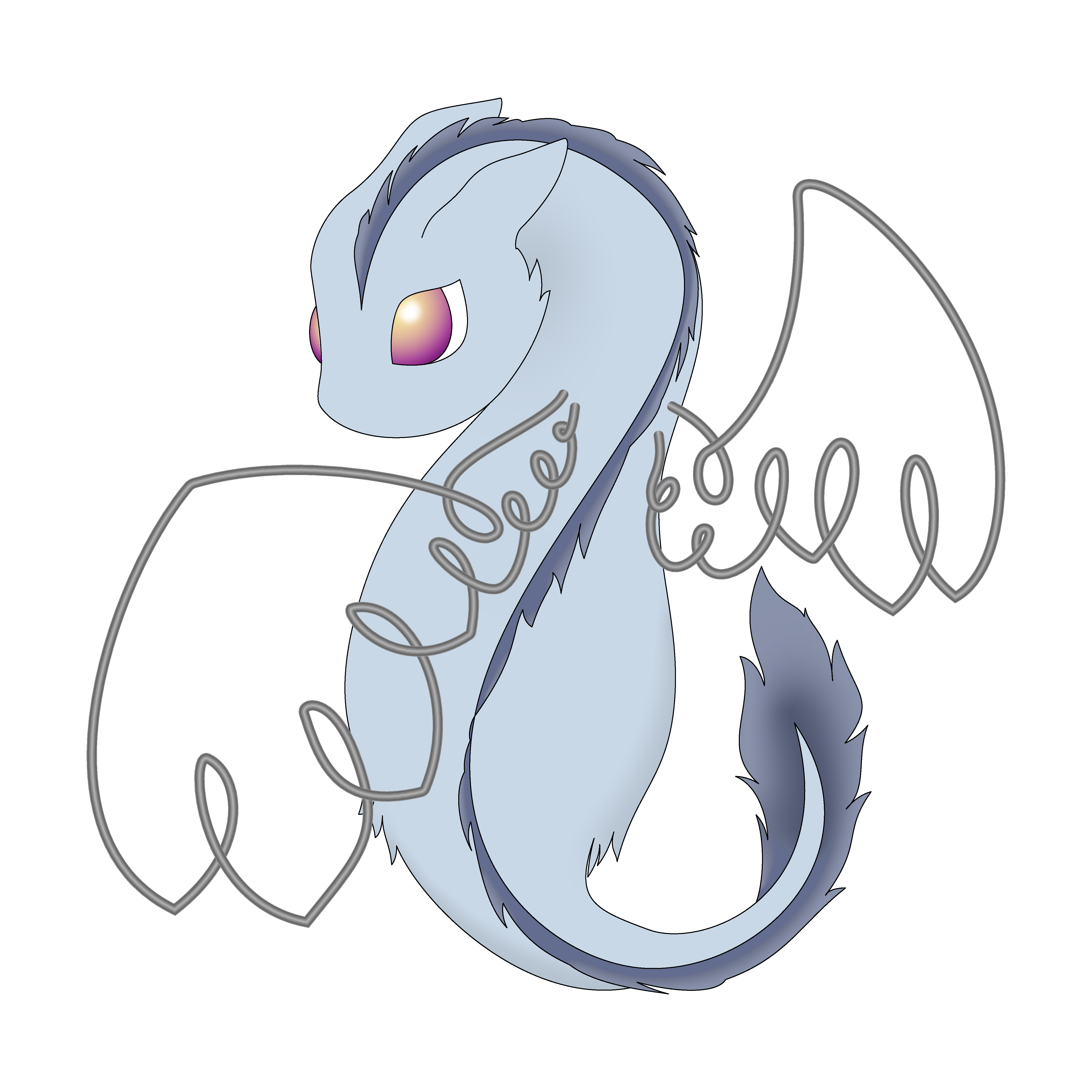 A digitally drawn light blue dragon with wiry wings faces away from the viewer while looking off in the distance.